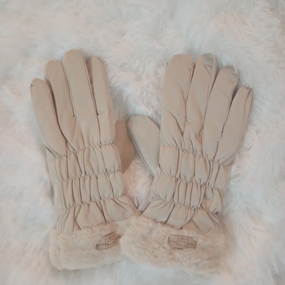 Cream Waterproof Touchscreen Fleece Lined Gloves with Faux Fur Cuff